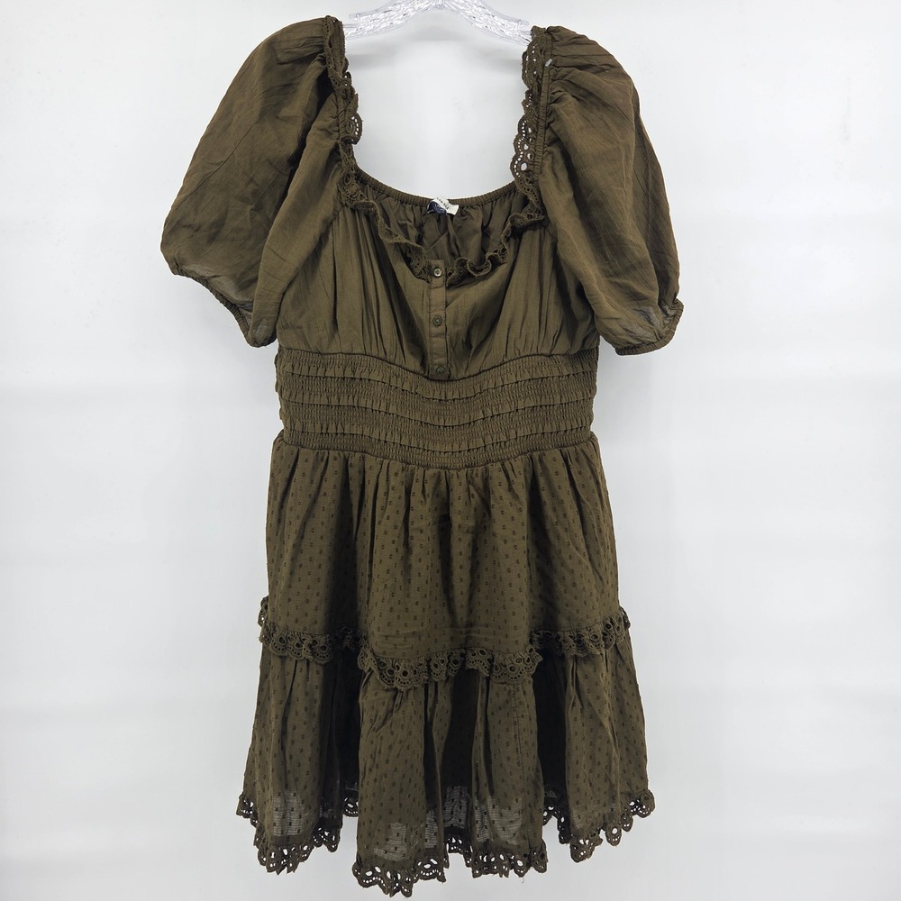 American Eagle Mini Dress L Green Smocked Swiss Dot Lace Boho Cottagecore